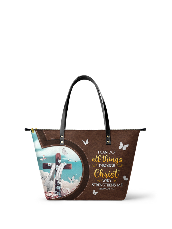 Rise Philippians 4:13 Leather Tote Bag