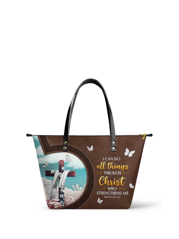 Rise Philippians 4:13 Leather Tote Bag