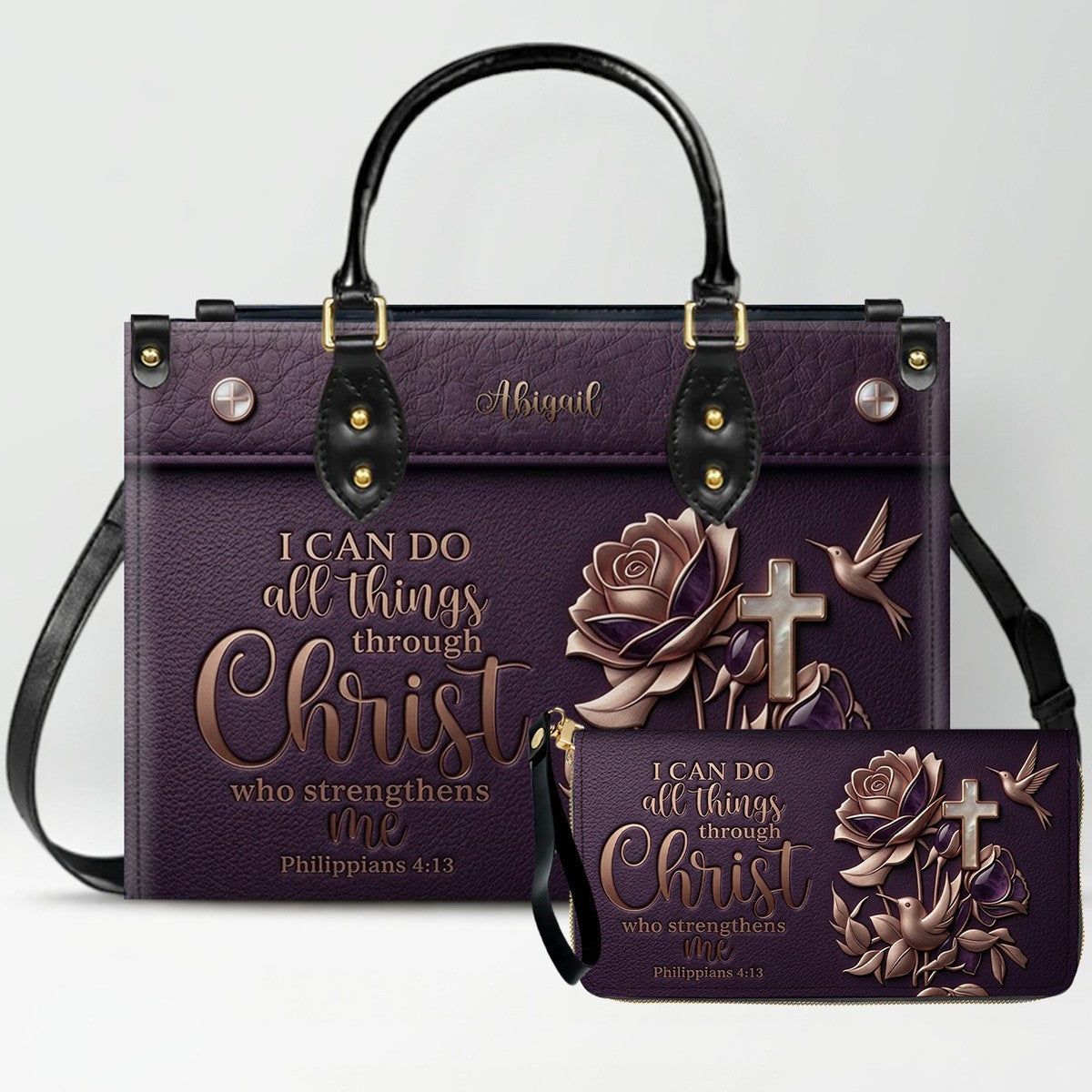 Personalized Philippians 4:13 Leather Handbag Set