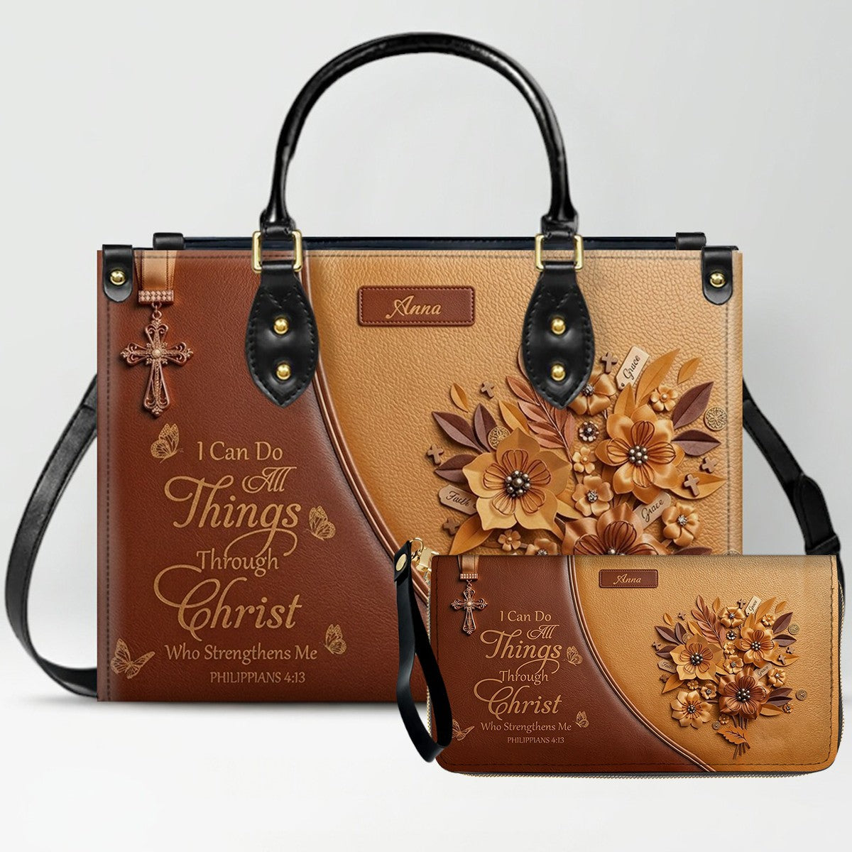 Personalized Christian Floral Leather Handbag