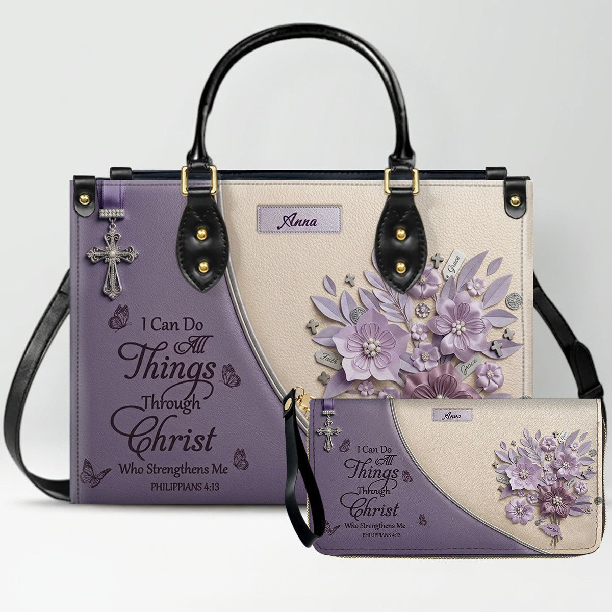Personalized Christian Floral Leather Handbag