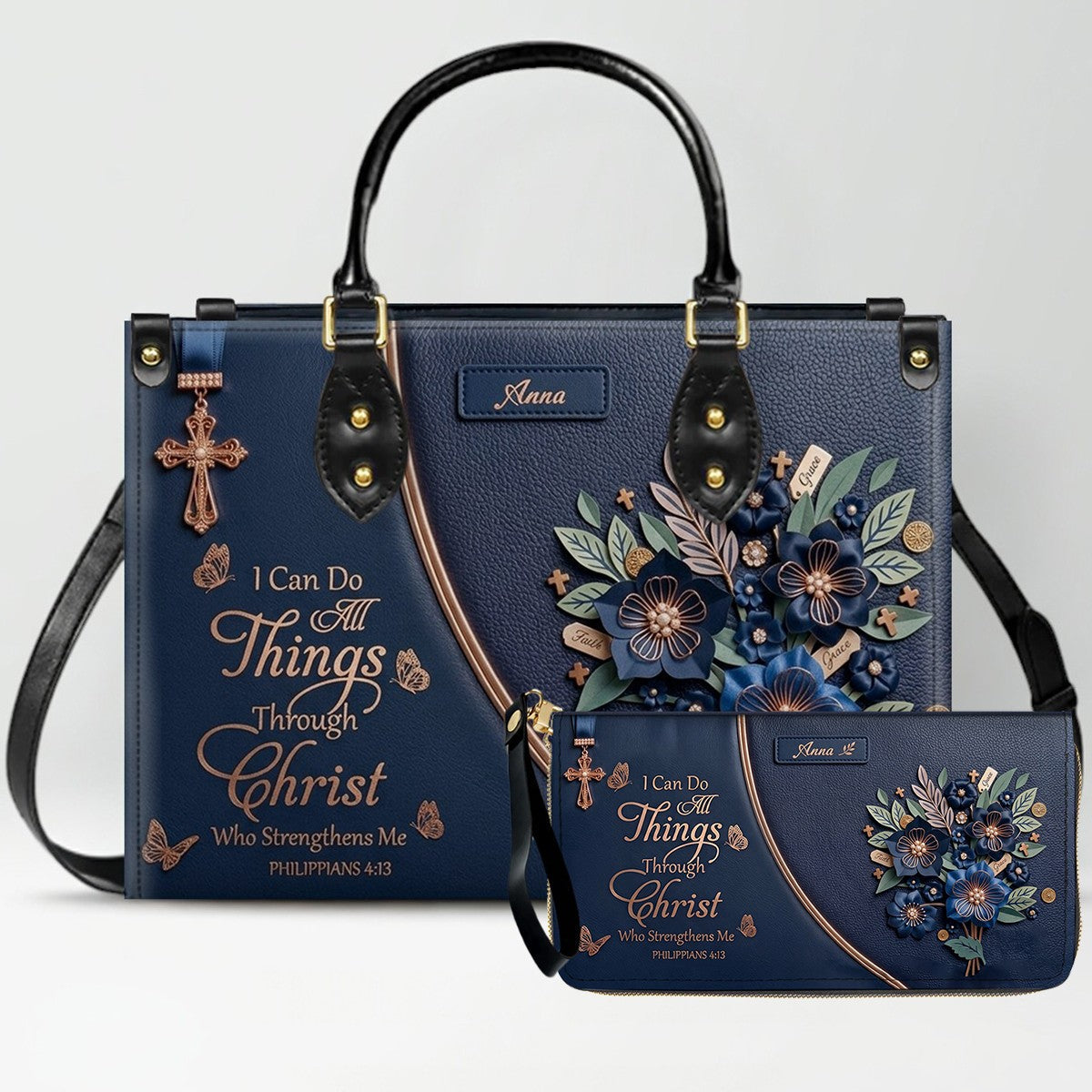 Personalized Christian Floral Leather Handbag
