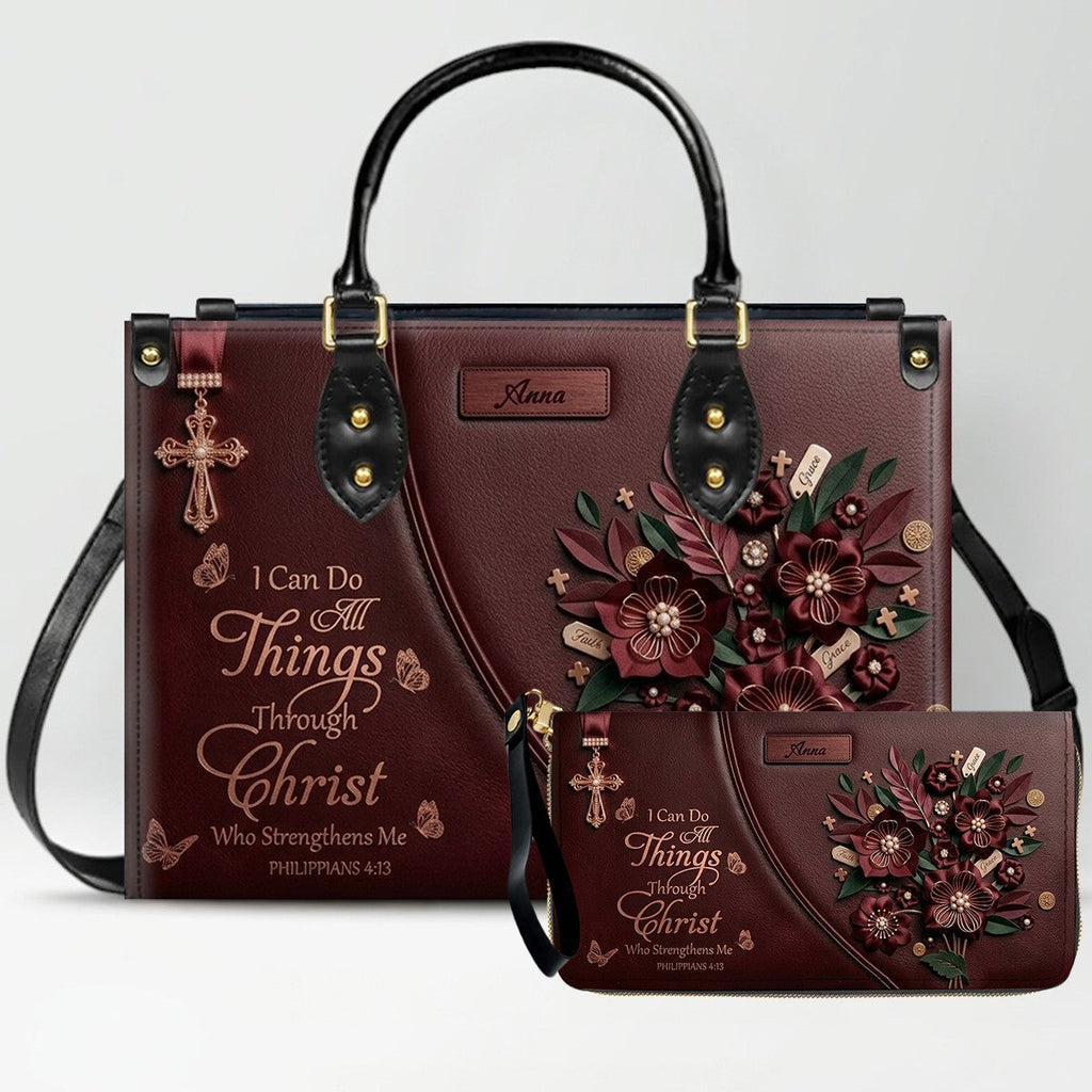 Custom Burgundy Faith Floral Leather Handbag