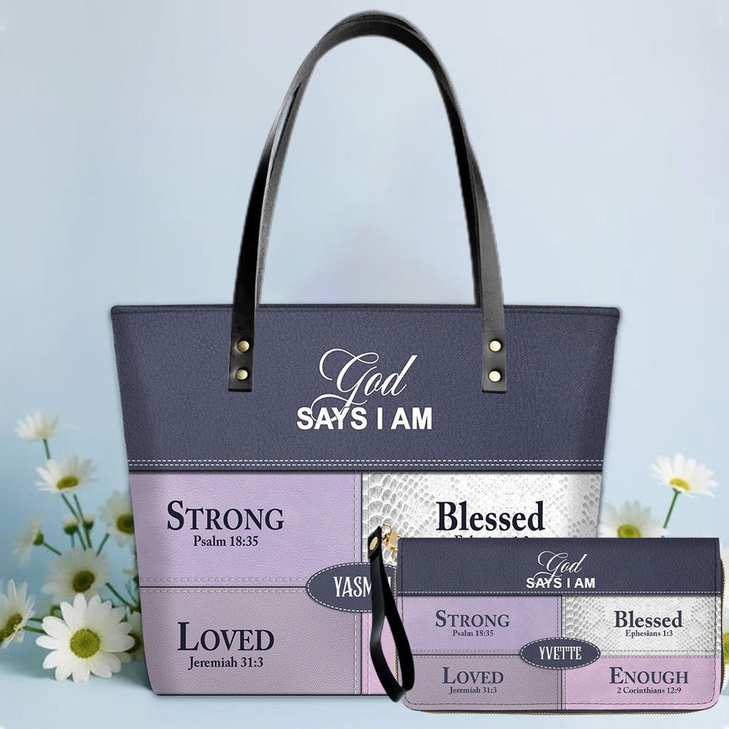 Personalized God Says I Am Leather Tote Bag