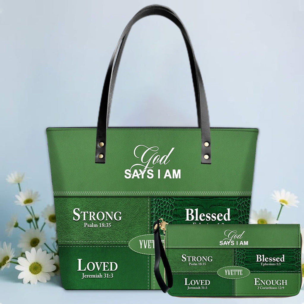 Personalized God Says I Am Leather Tote Bag