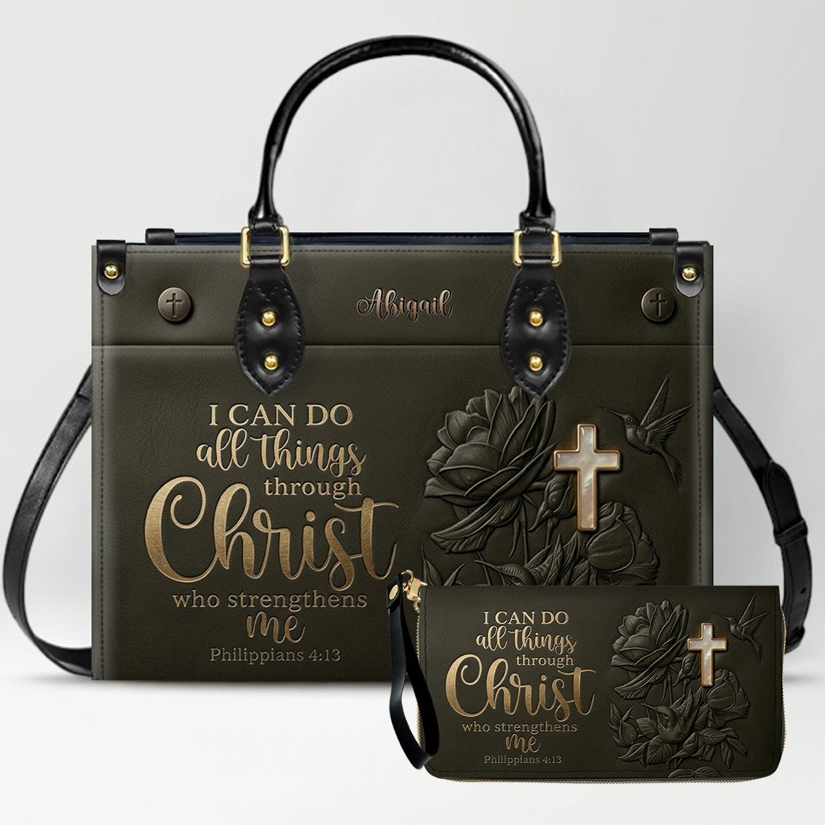 Personalized Floral Cross Leather Handbag