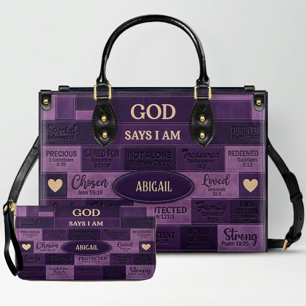 God Says I Am Personalized Leather Handbag Set