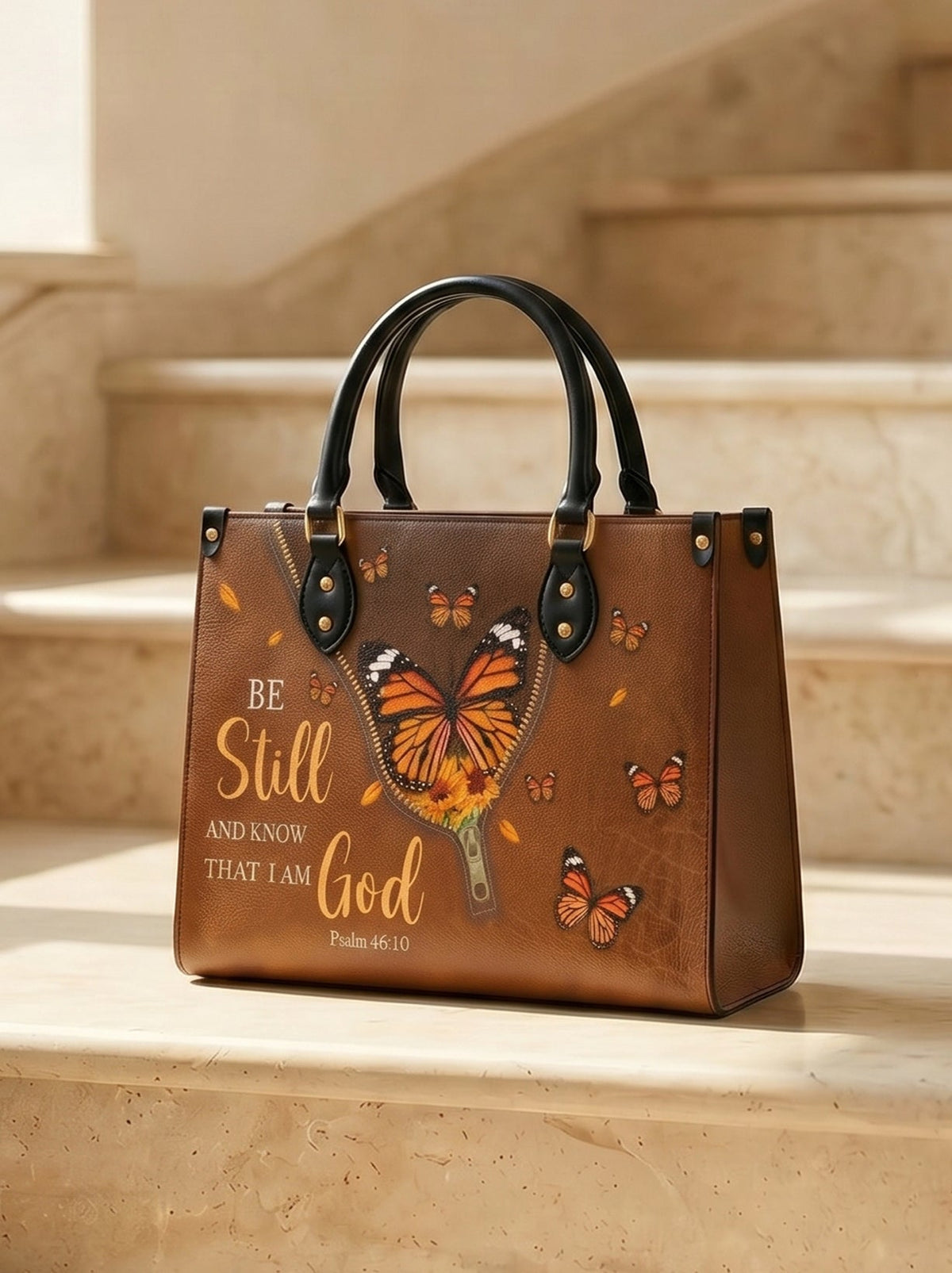 Serene Psalm 46:10 Leather Handbag