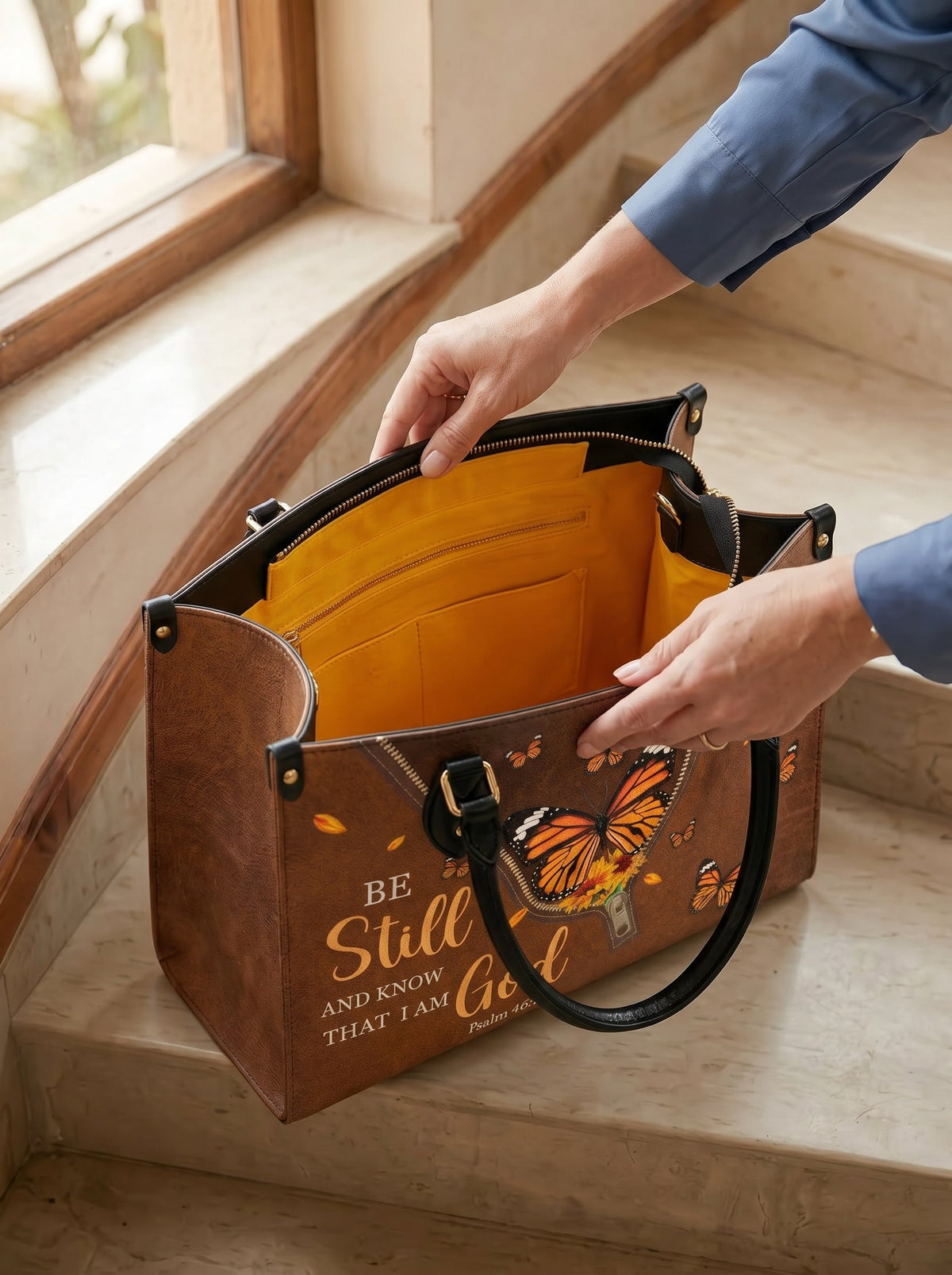 Serene Psalm 46:10 Leather Handbag