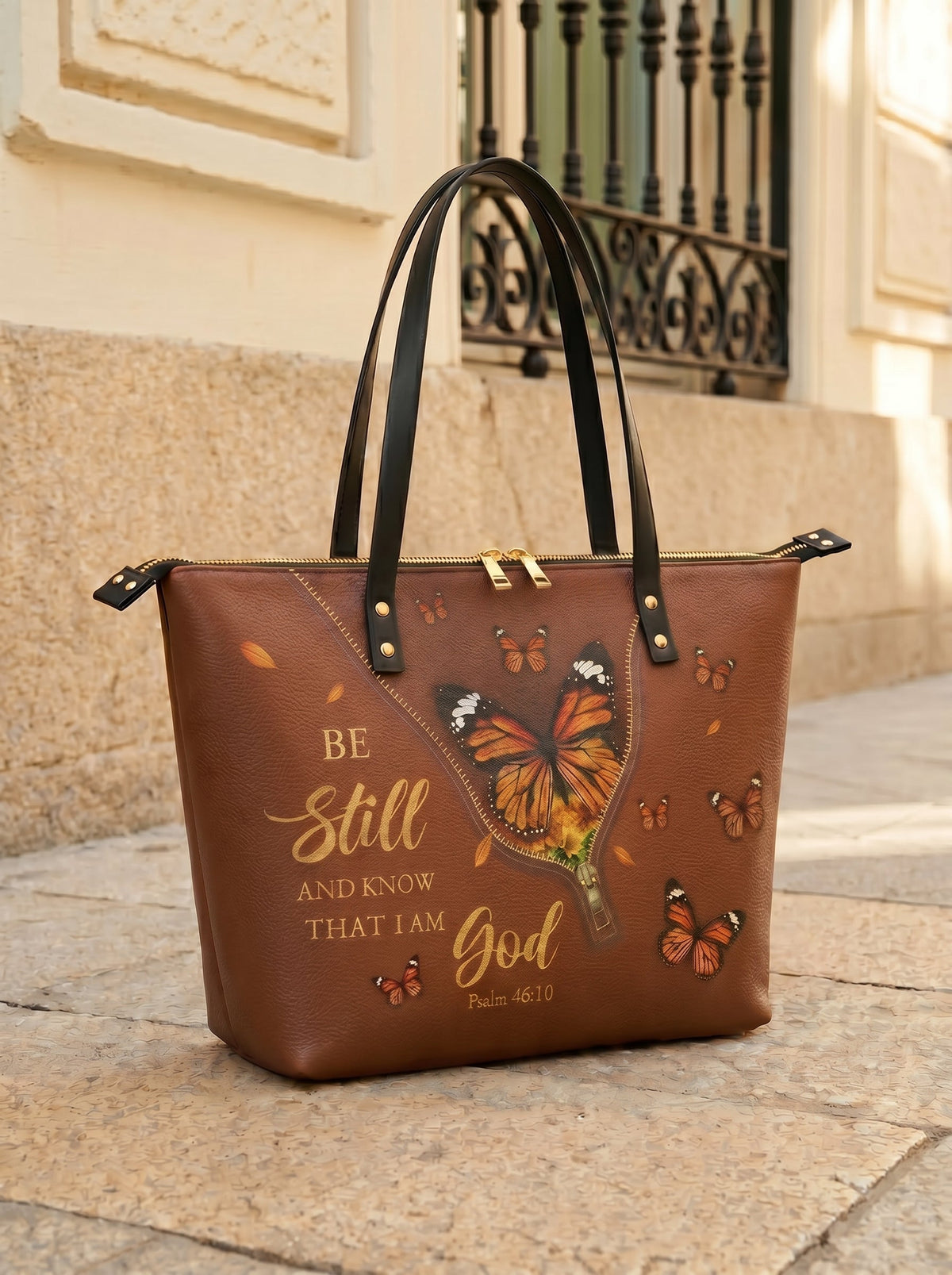 Serene Psalm 46:10 Leather Tote Bag