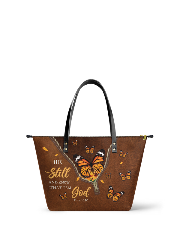 Serene Psalm 46:10 Leather Tote Bag