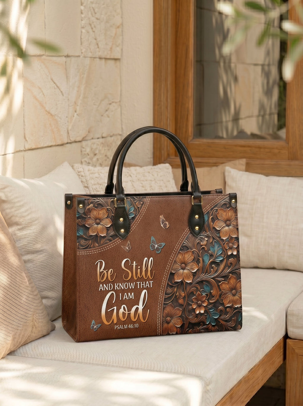 Stillness Psalm 46:10 Leather Handbag
