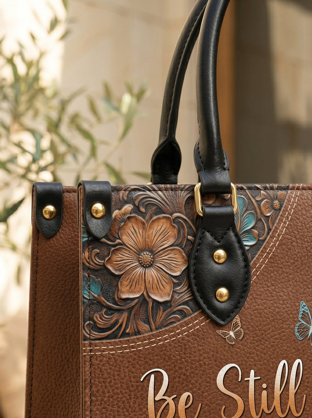 Stillness Psalm 46:10 Leather Handbag