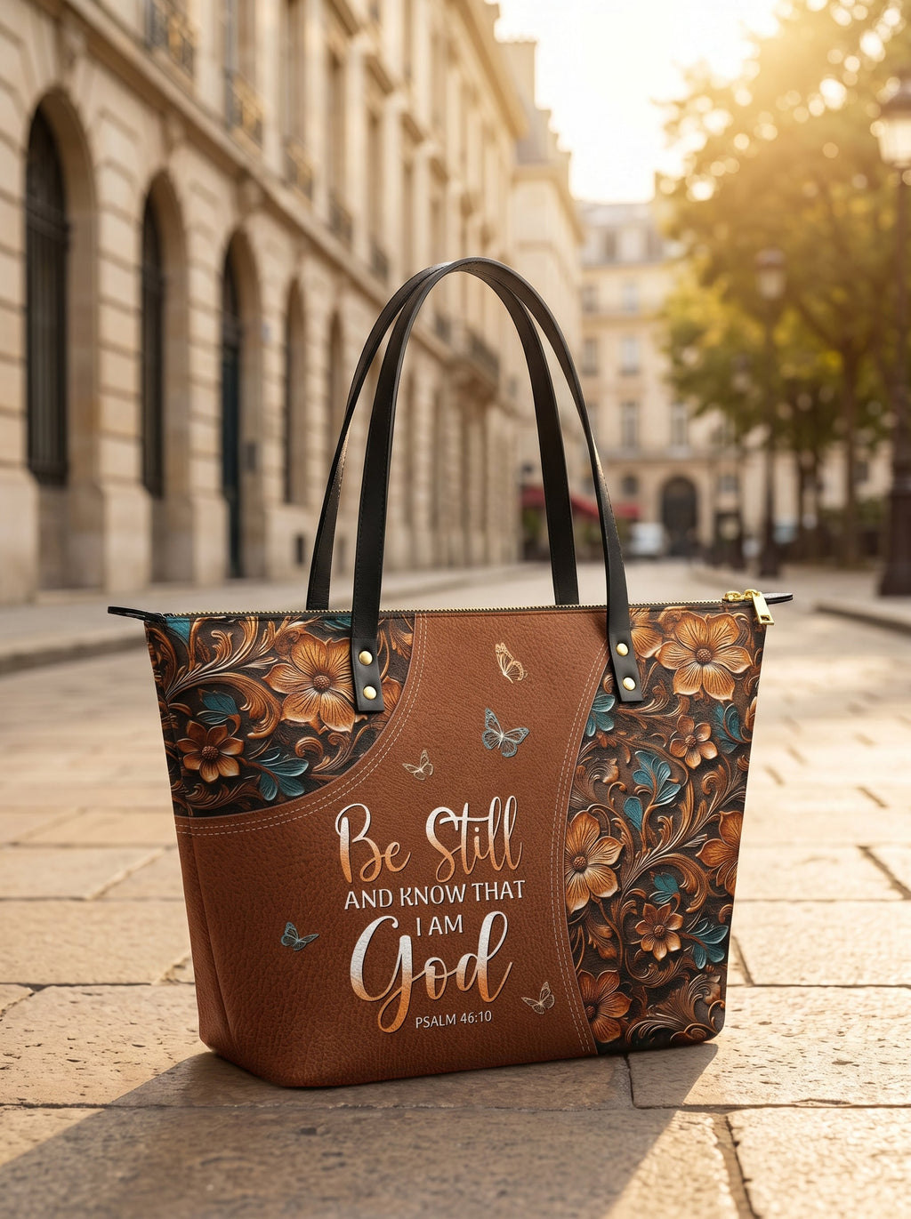 Stillness Psalm 46:10 Leather Tote Bag