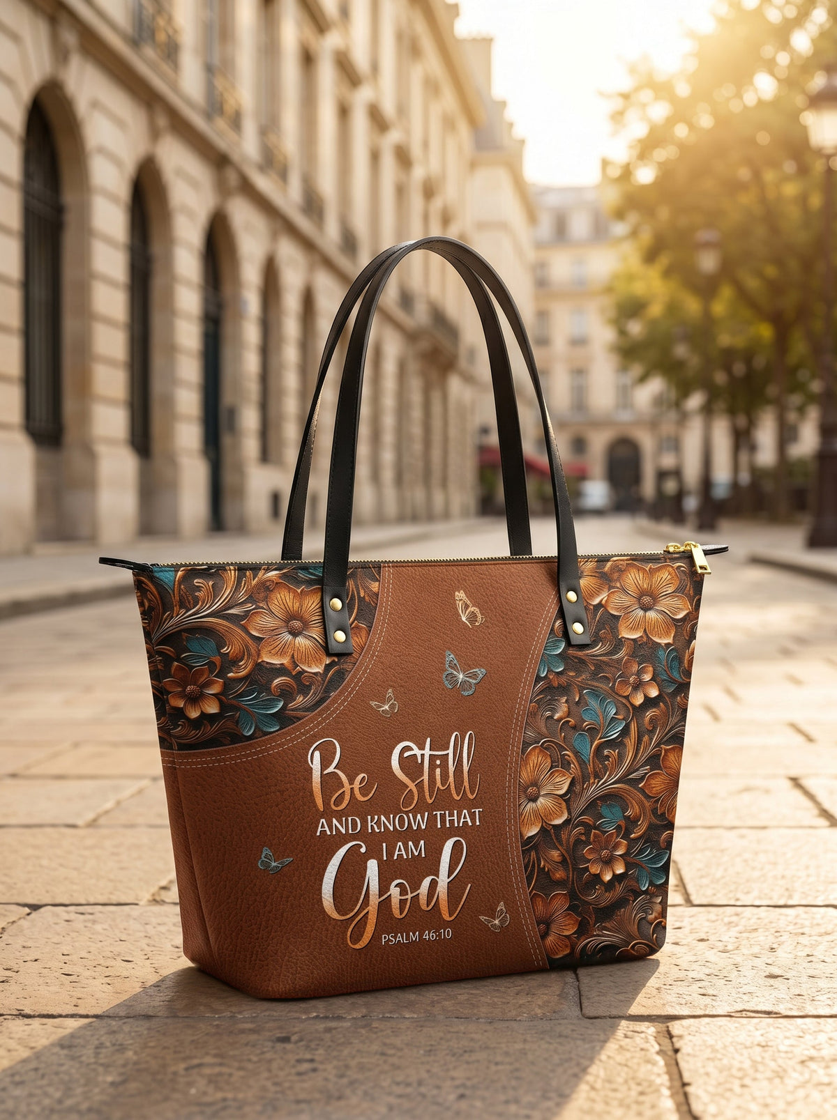Stillness Psalm 46:10 Leather Tote Bag