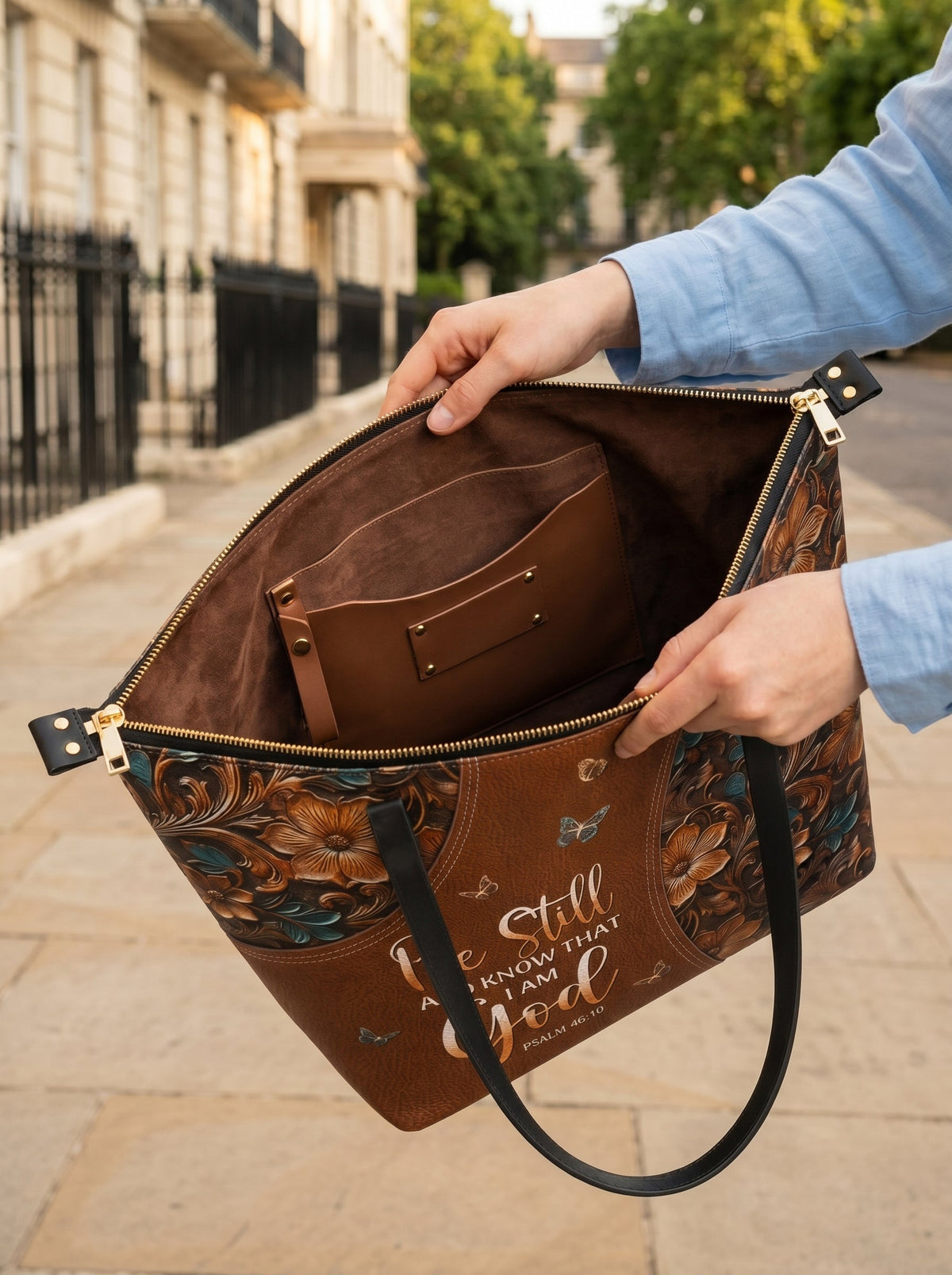Stillness Psalm 46:10 Leather Tote Bag