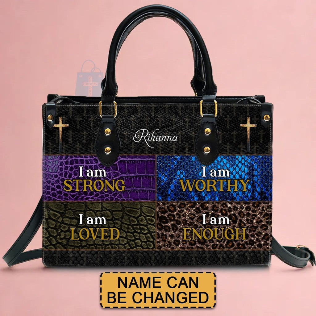 Personalized "I Am Strong" Leather Handbag