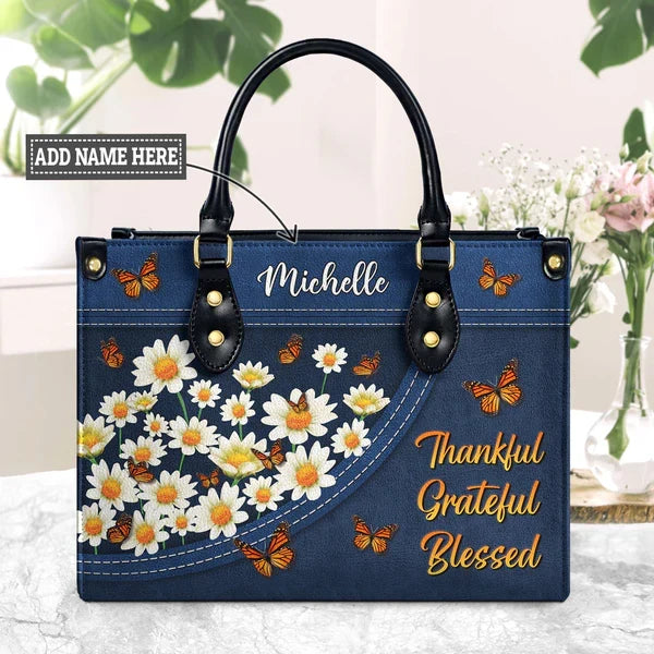 Thankful Grateful Blessed Daisy Leather Handbag