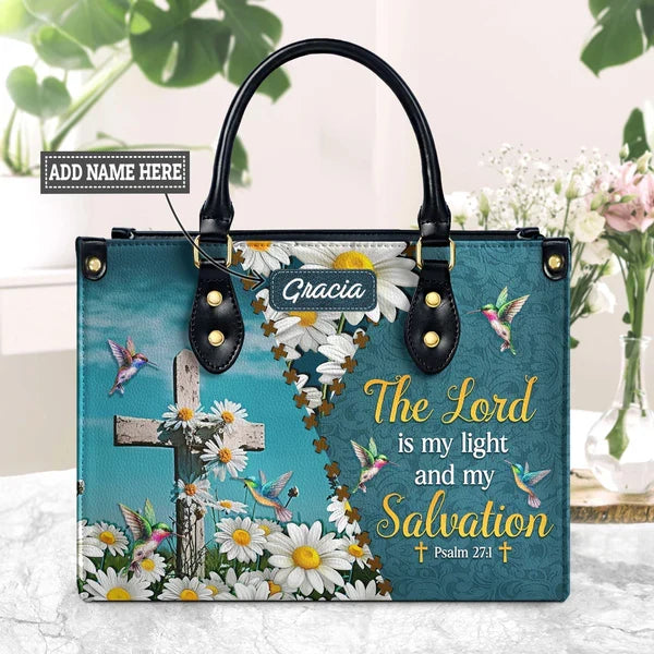 Psalm 27:1 Hummingbird Daisy Leather Handbag