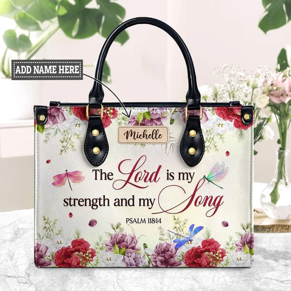 Psalm 118:14 Dragonfly Floral Leather Handbag