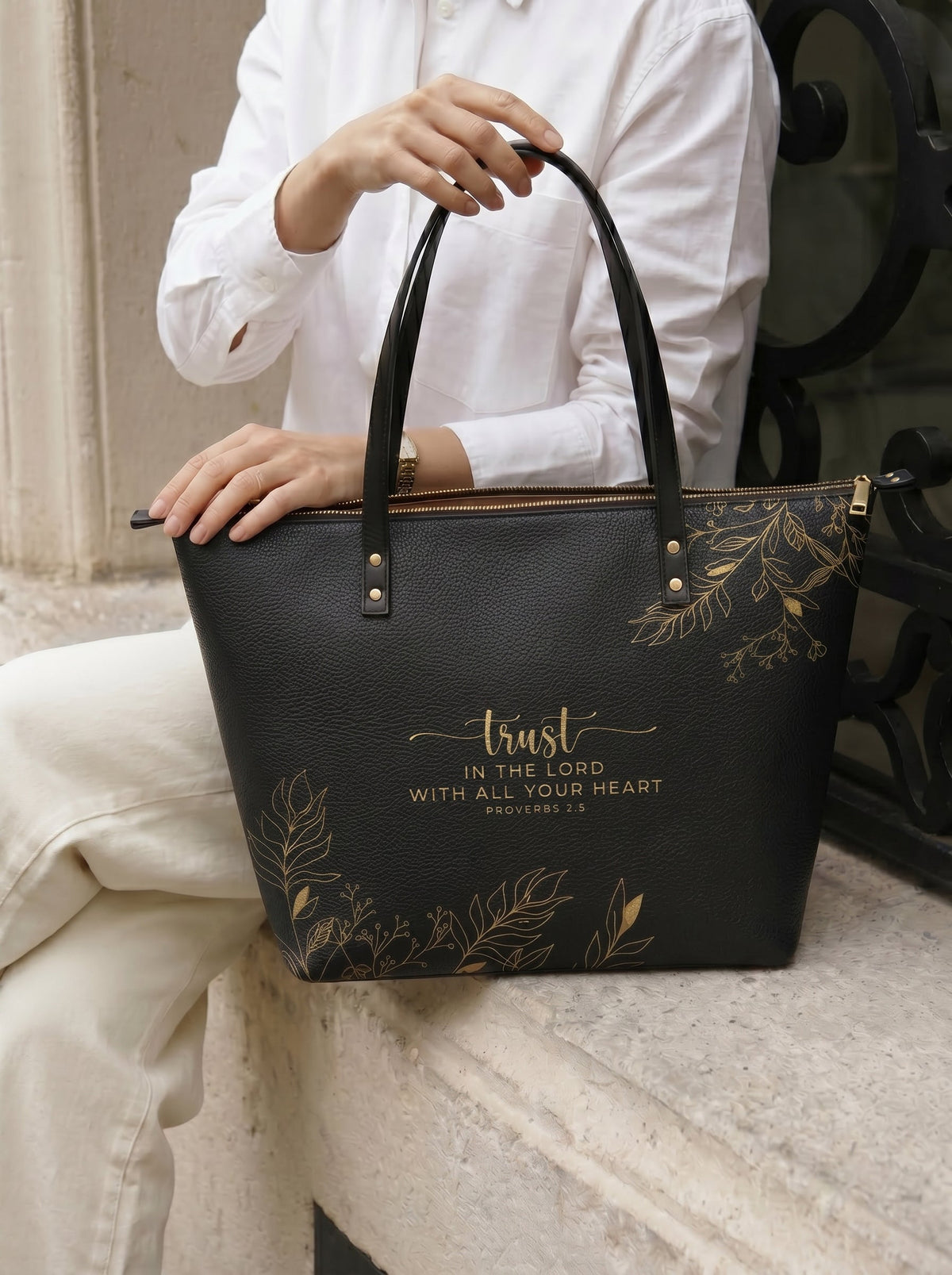 Trust Proverbs 3:5 Christian Leather Tote Bag