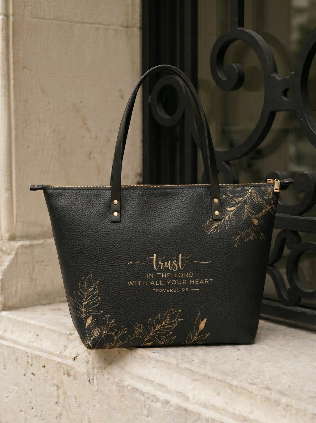 Trust Proverbs 3:5 Christian Leather Tote Bag