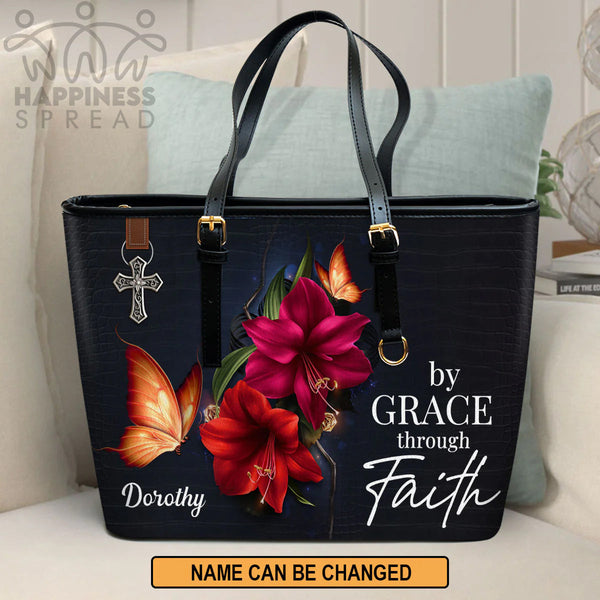 Personalized By Grace Through Faith Leather Tote