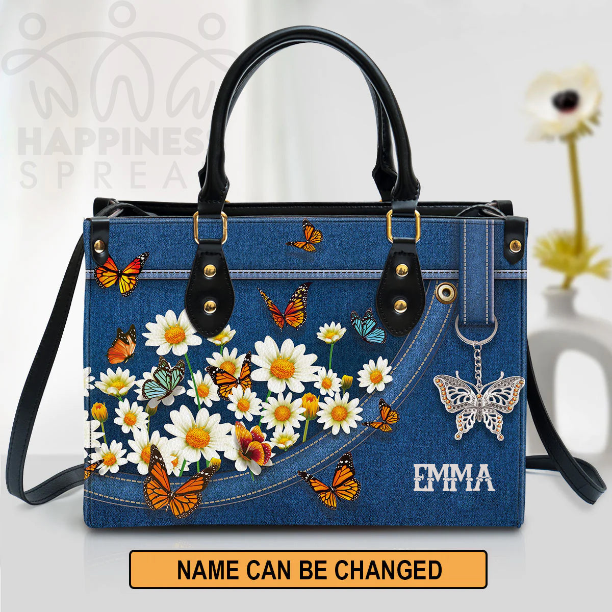 Daisy & Butterfly Personalized Leather Tote Bag