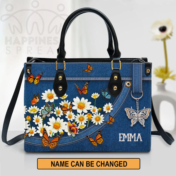 Daisy & Butterfly Personalized Leather Tote Bag