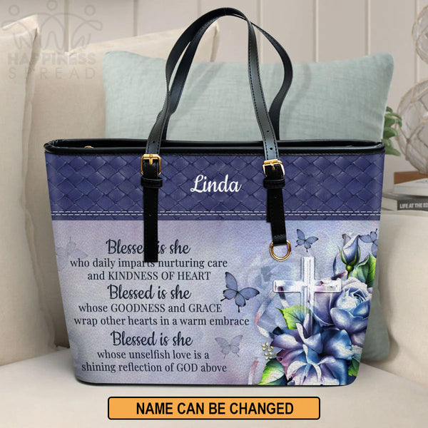 Blessed Is She Personalized Leather Tote Bag