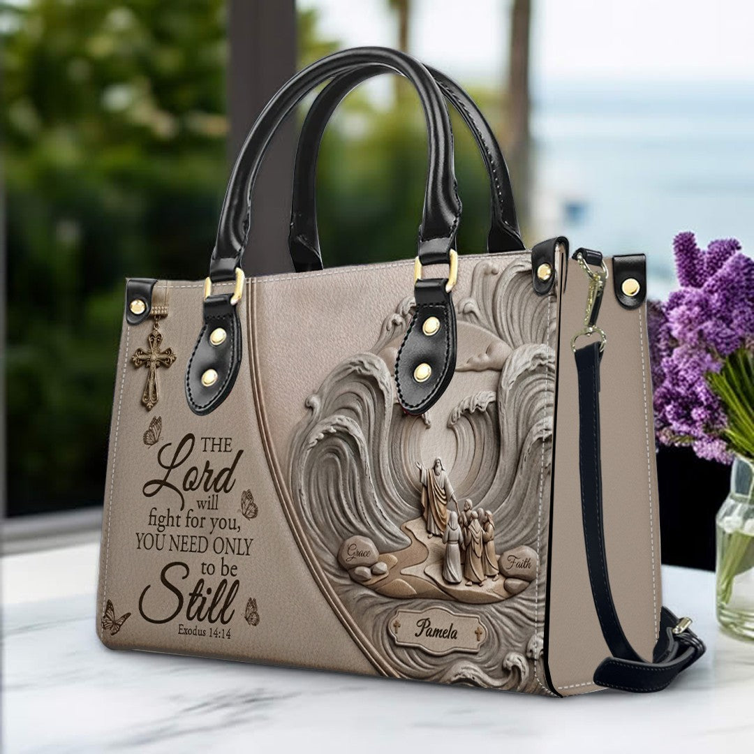 Personalized Exodus 14:14 Christian Leather Tote