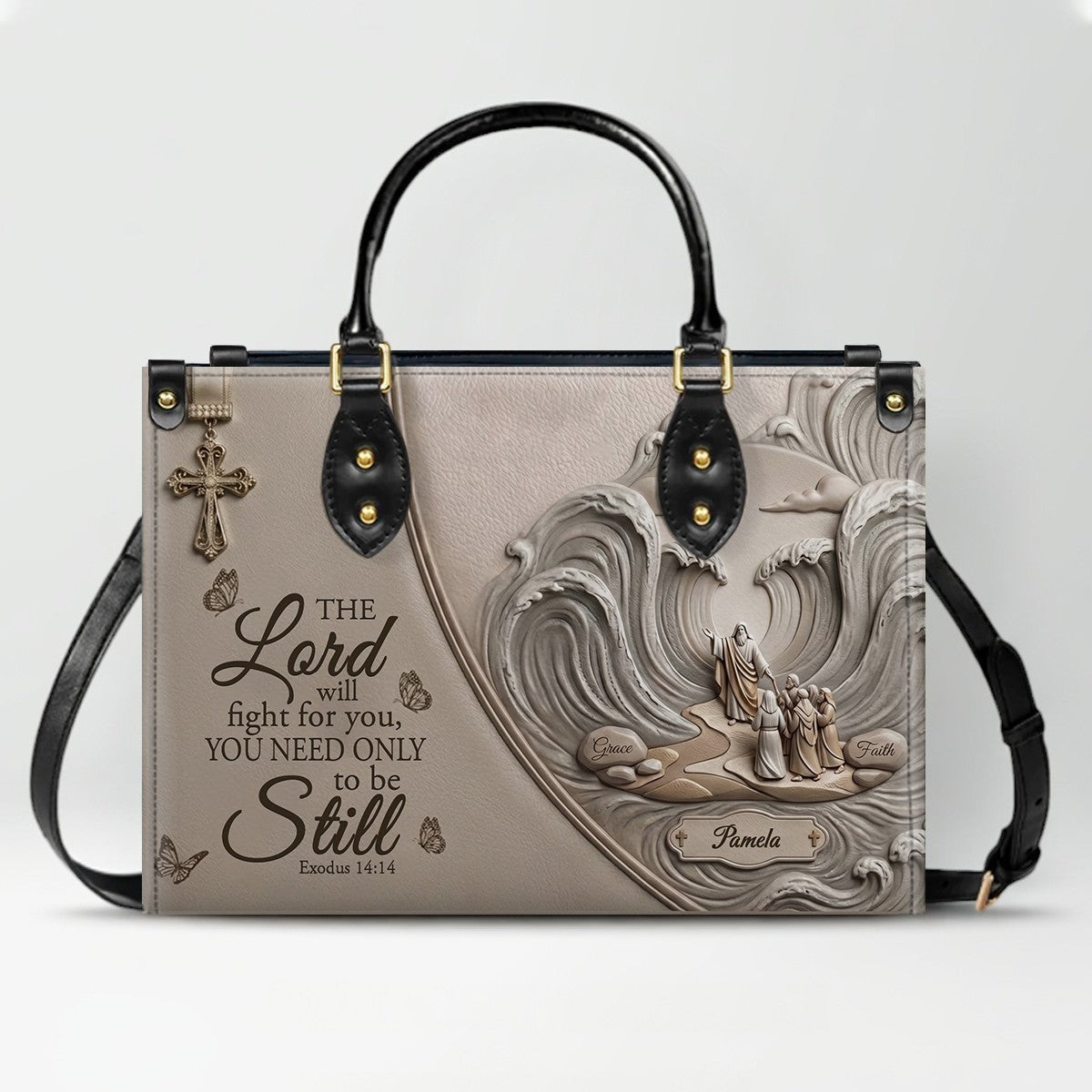 Personalized Exodus 14:14 Christian Leather Tote