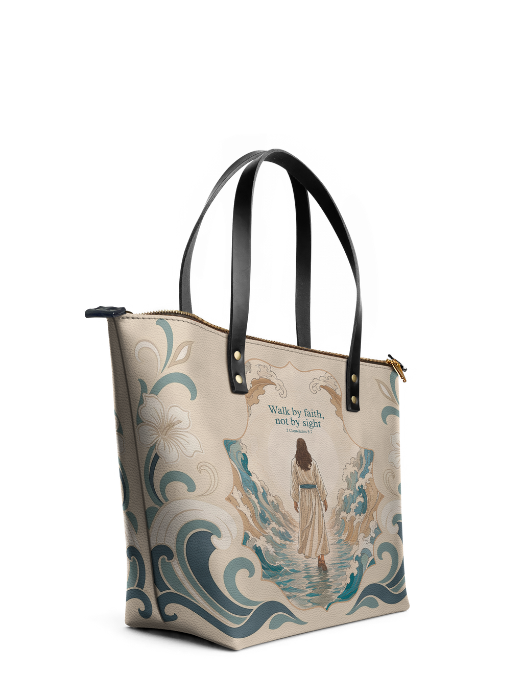 Walk By Faith Bible Verse Leather Tote Bag