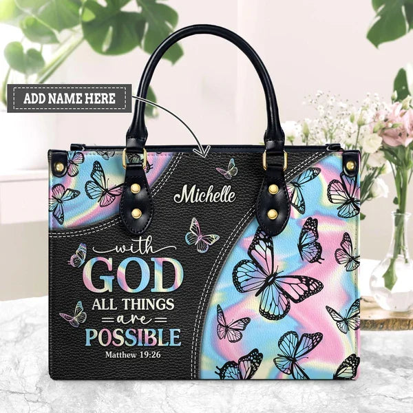 With God Butterfly Hologram Leather Handbag