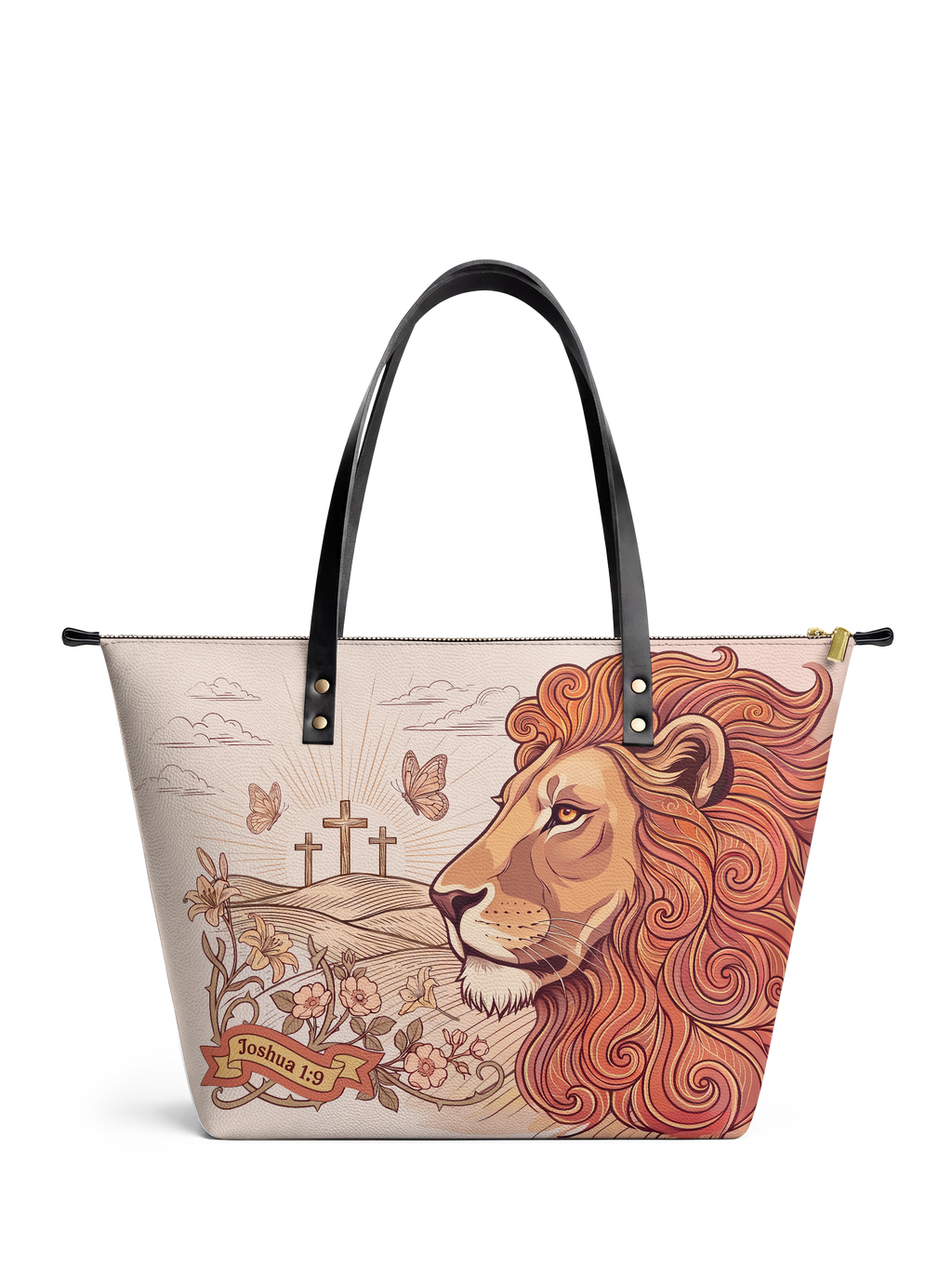 Lion of Judah Joshua 1:9 Leather Tote Bag