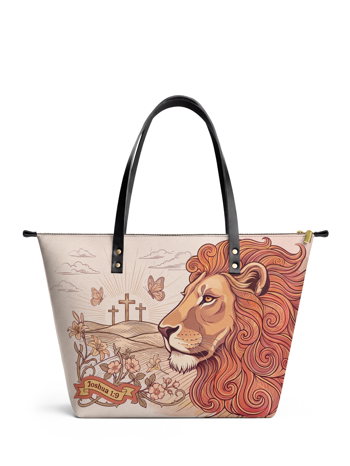 Lion of Judah Joshua 1:9 Leather Tote Bag