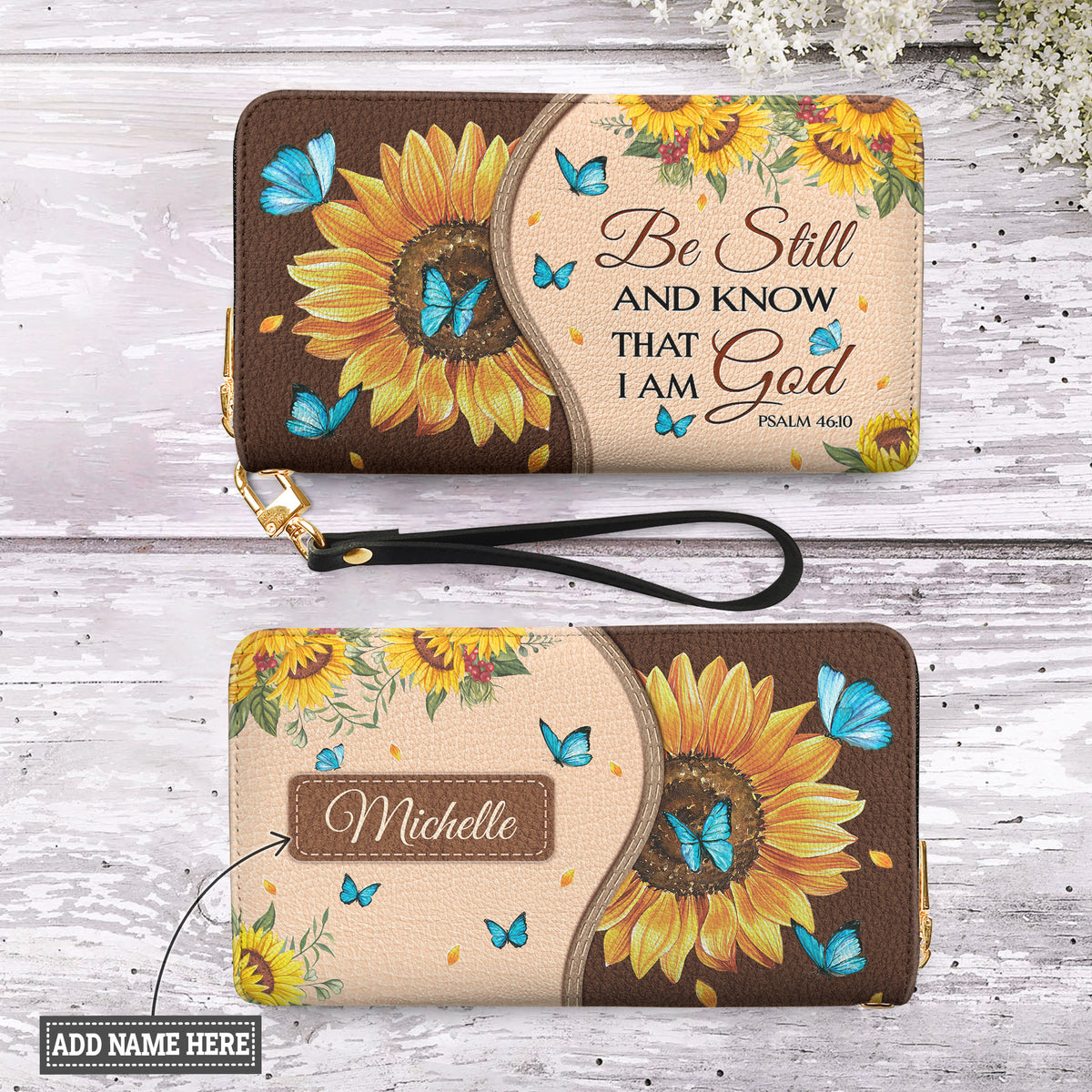 Psalm 46:10 Sunflower Butterfly Leather Wallet