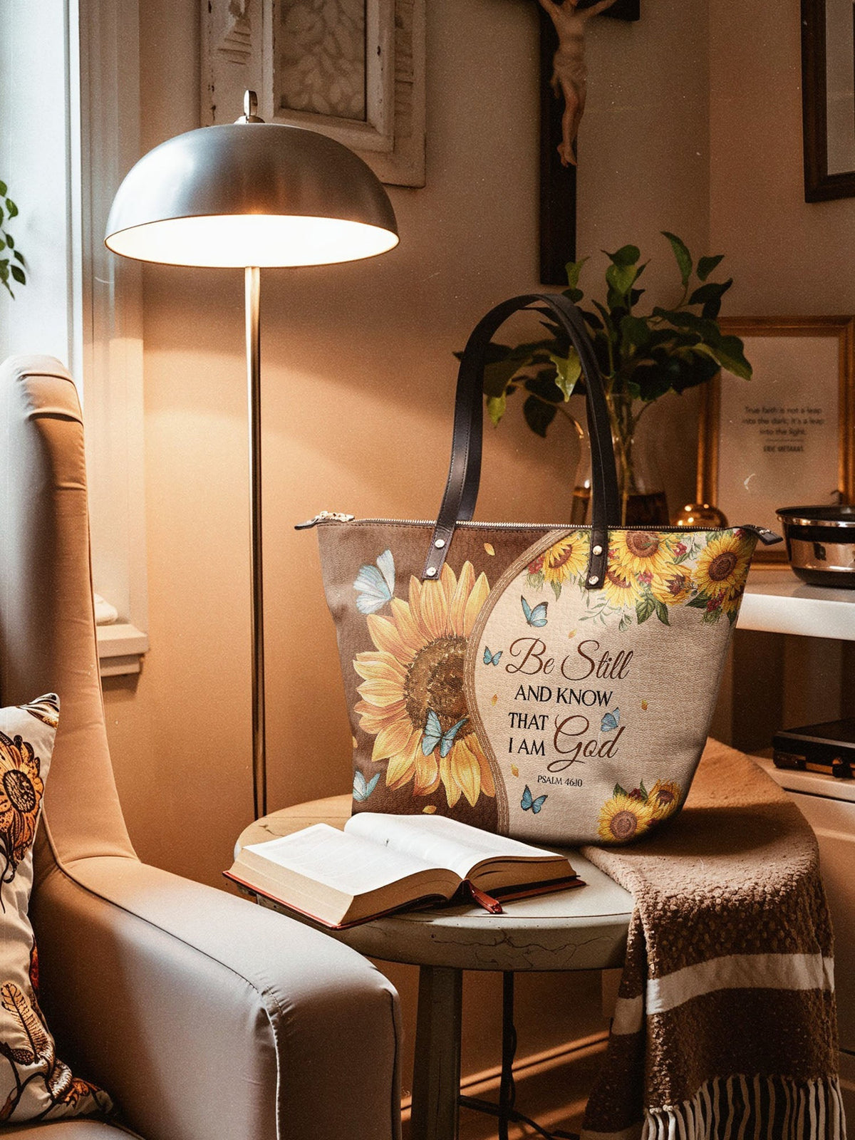 Presence Psalm 46:10 Leather Tote Bag