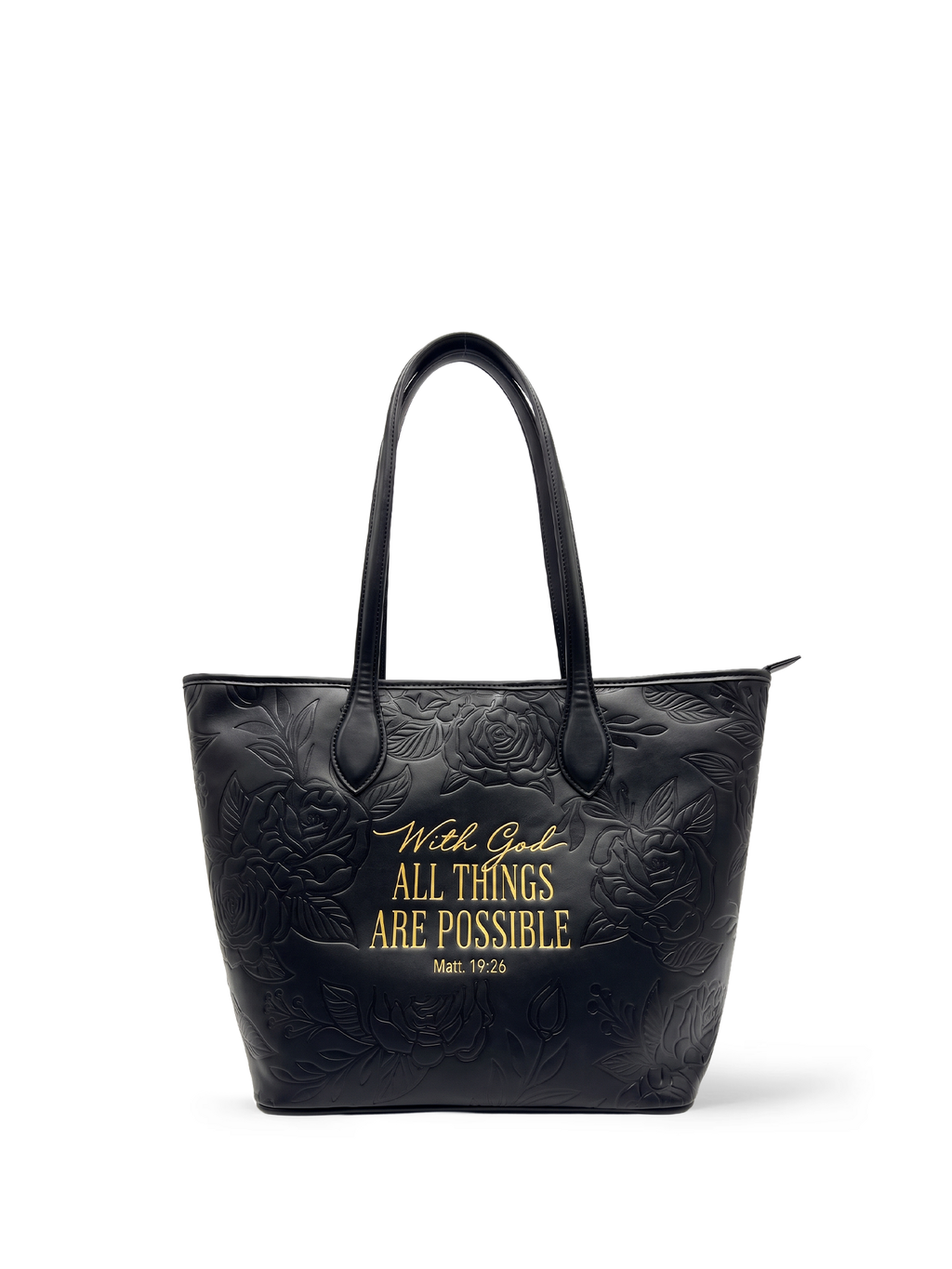 Matt 19:26 Black Embossed Vegan Leather Tote