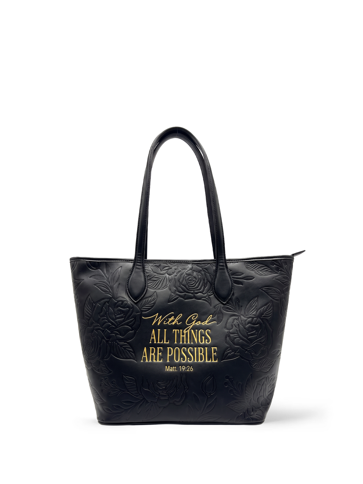 Matthew 19:26 Black Embossed Leather Tote Bag