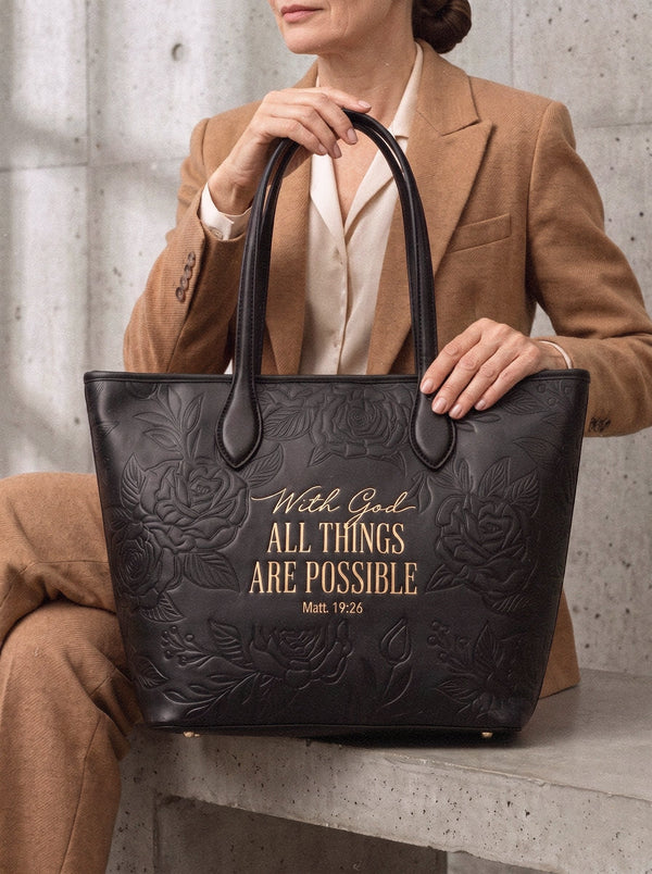 Matt 19:26 Black Embossed Vegan Leather Tote