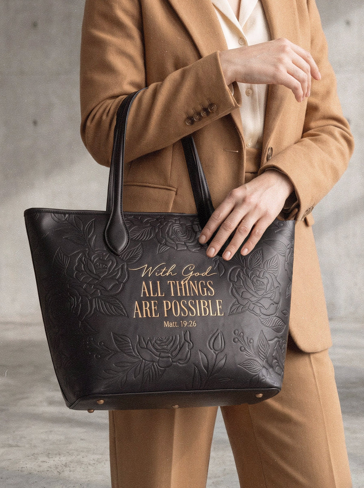 Matthew 19:26 Black Embossed Leather Tote Bag
