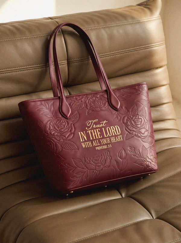 Proverbs 3:5 Cherry Wine Embossed Tote Bag