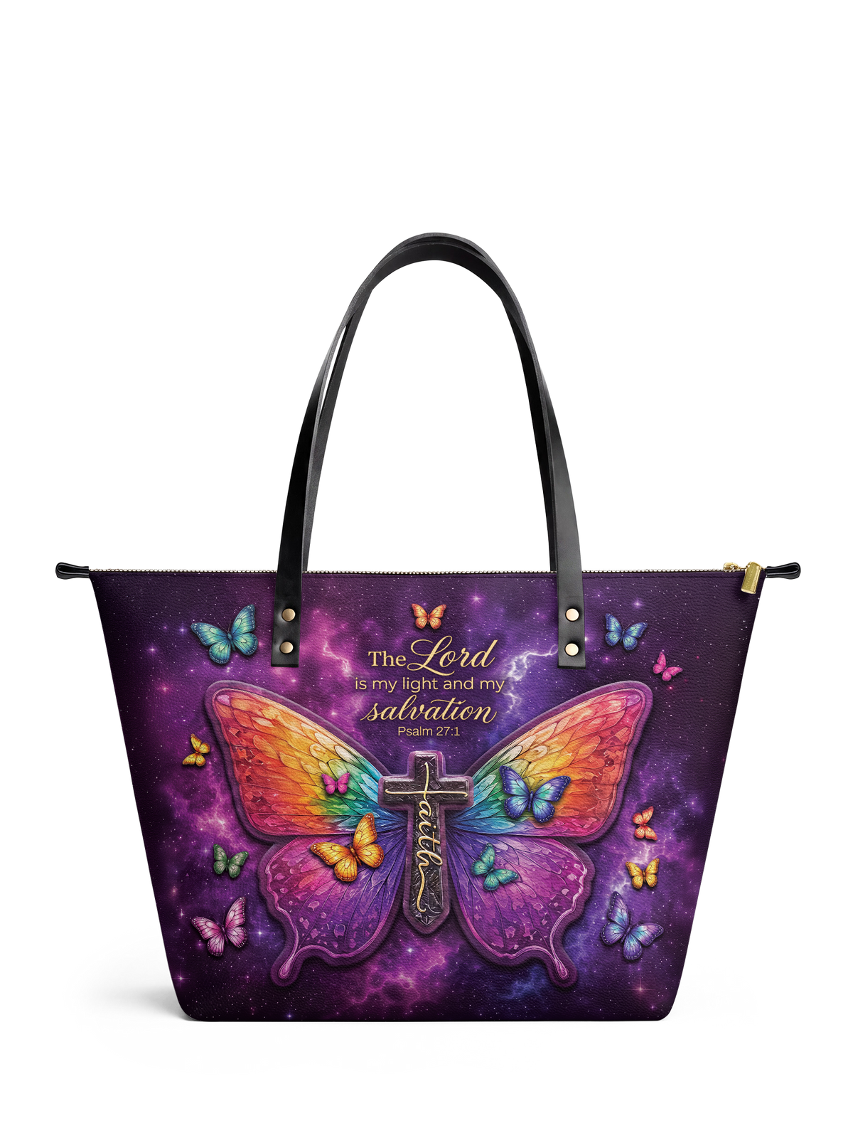My Light Psalm 27:1 Leather Tote Bag