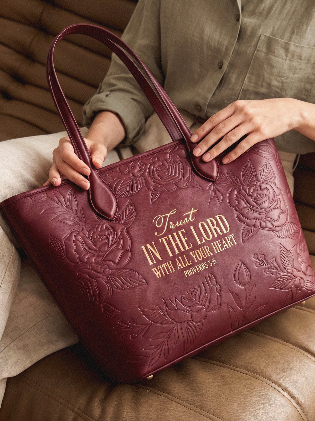 Proverbs 3:5 Cherry Wine Embossed Vegan Tote