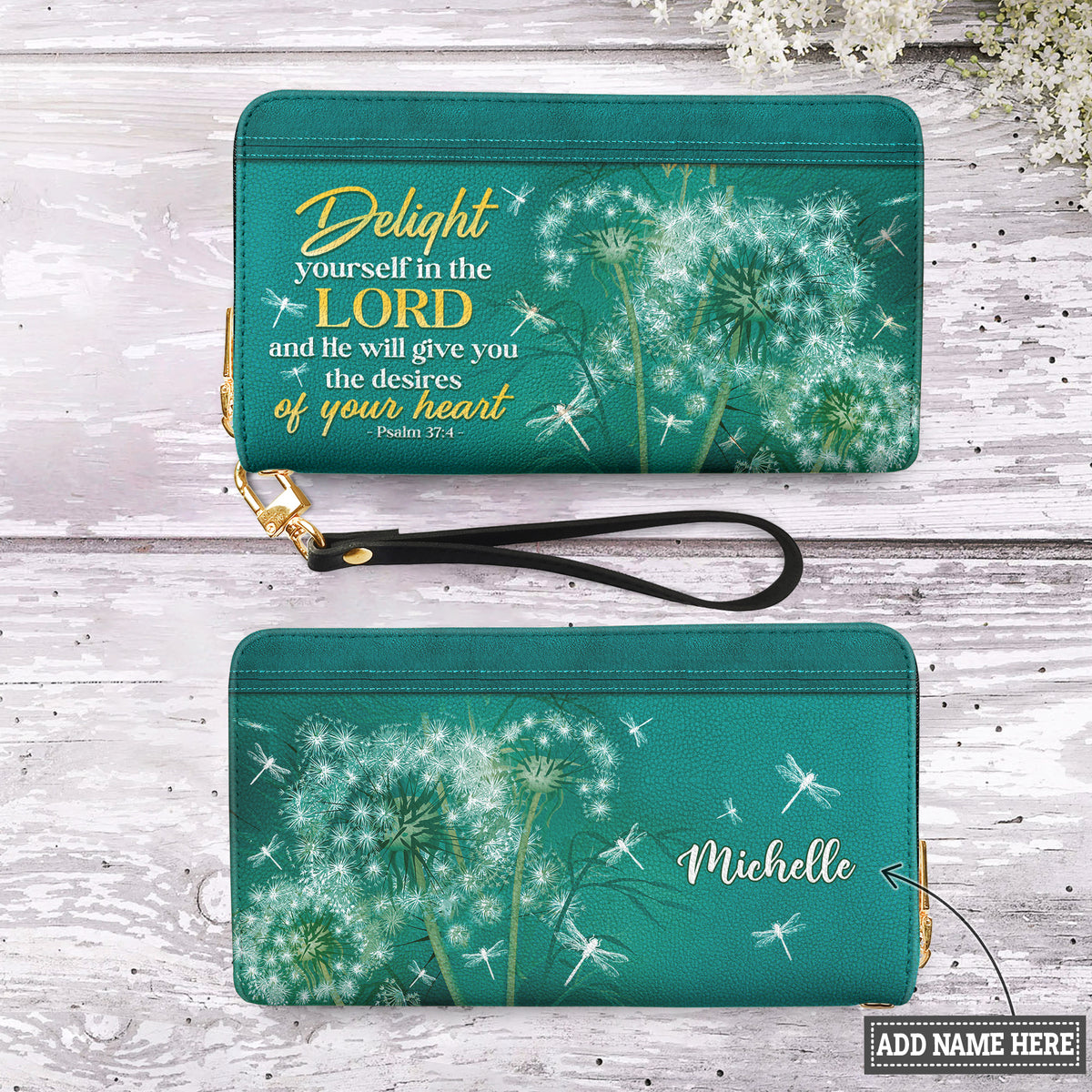 Psalm 37:4 Dandelion Zip Around Leather Wallet