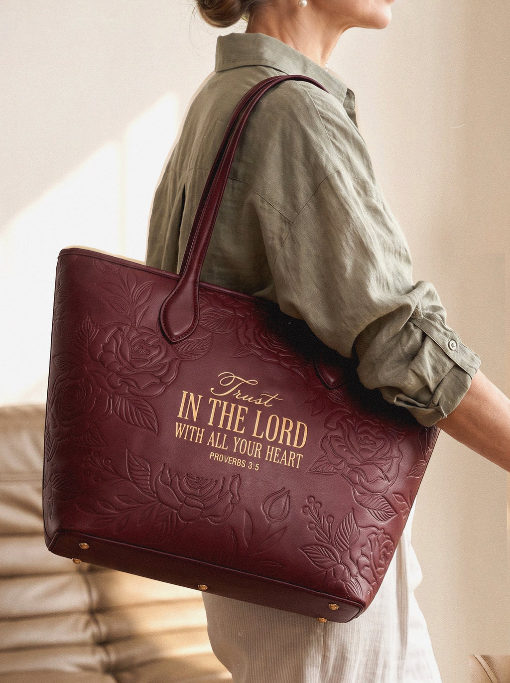 Proverbs 3:5 Cherry Wine Embossed Tote Bag