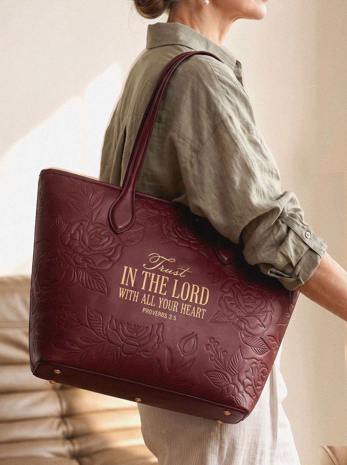 Proverbs 3:5 Cherry Wine Embossed Tote Bag