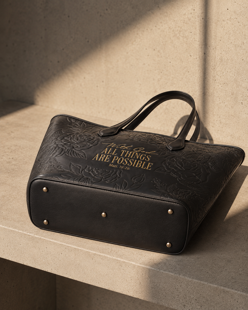 Matt 19:26 Black Embossed Vegan Leather Tote