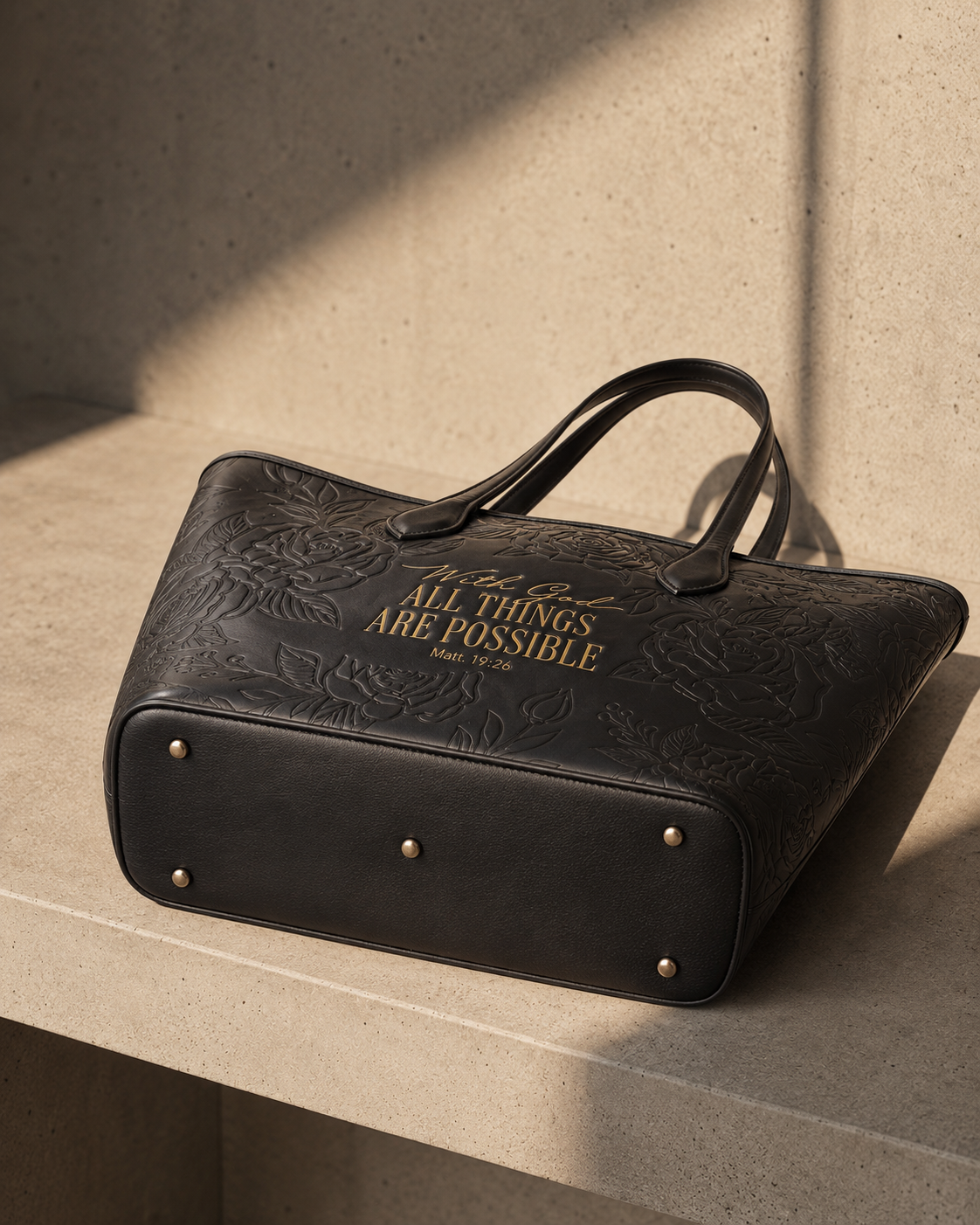 Matt 19:26 Black Embossed Vegan Leather Tote